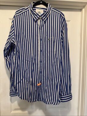 Lacoste Men’s Blue and White Vertical Stripe Button-Up Shirt